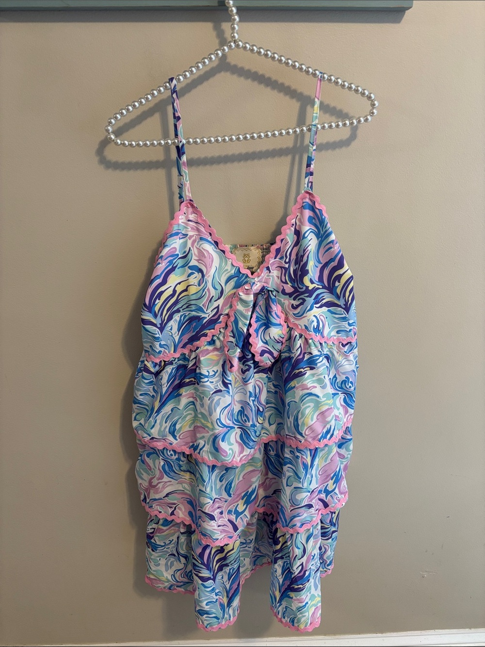 Simply Southern Tiered Sundress XL Blue Pink Pastel Swirl Scallop Trim dress